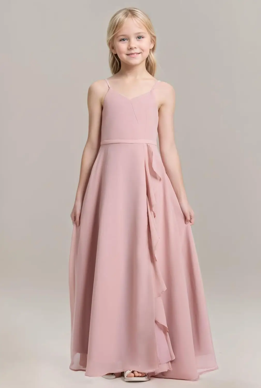 십대 소녀들을 위한 스파게티 스트랩이 있는 우아한 A라인 주니어 신부 들러리 드레스 사이드 슬릿이 있는 꽃무늬 웨딩 파티 드레스