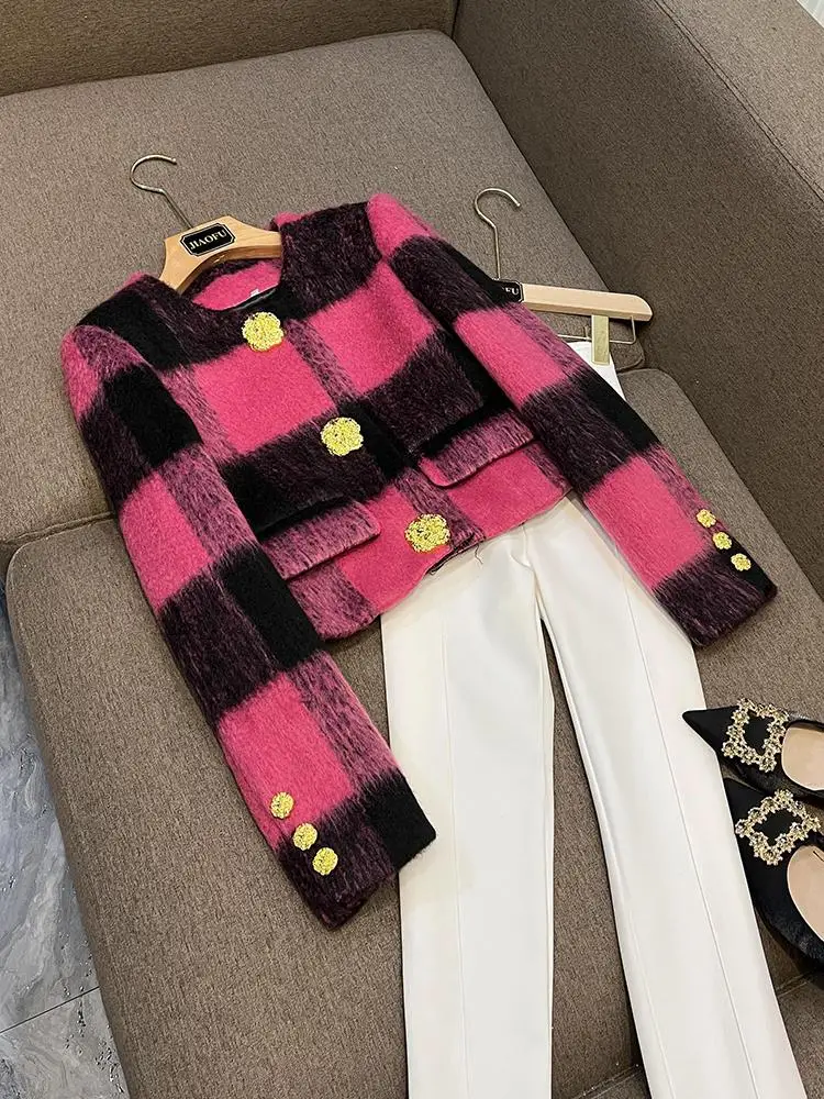 

Новый высококачественный асимметричный большой золотой синий цвет Celebri Faion, круглая шерстяная куртка в клетку A9064, женская одежда для поездок на работу