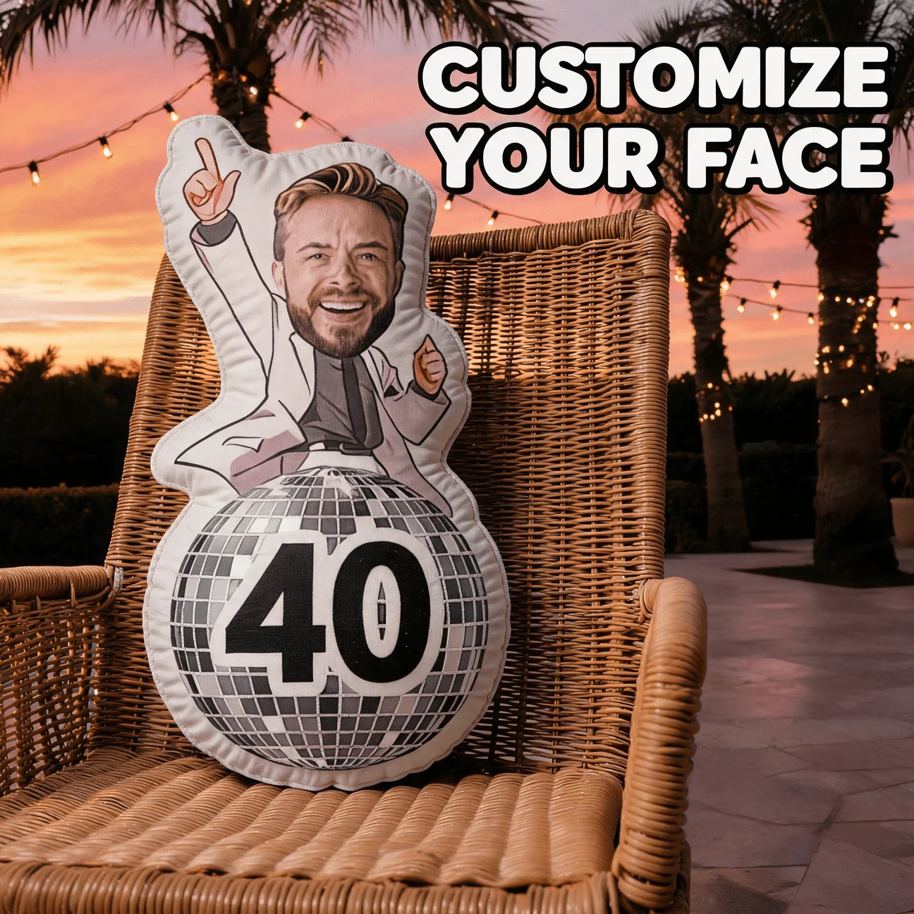 Custom Photo Disco Ball Shaped Pillow, Personalized Face on 40th Birthday Theme Decorative Cushion, Unique Funny Gift for Husban