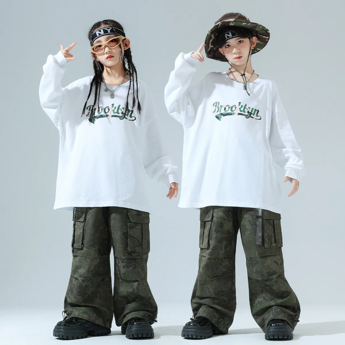 

Kid Hip Hop Clothing White Letters Sweatshirt Green Camouflage Casual Ruched Cargo Pants for Girl Boy Jazz Dance Costume Clothes