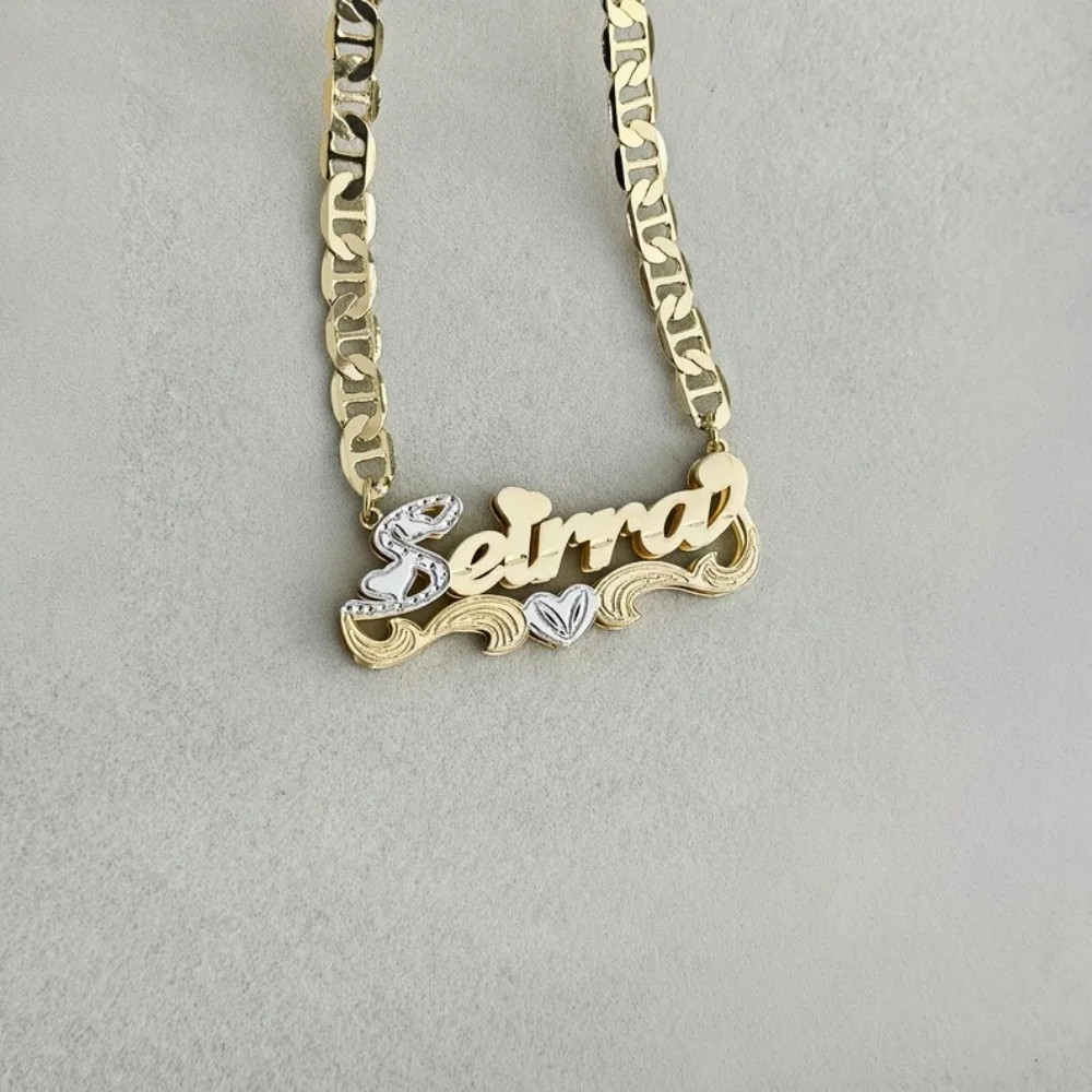 DUOYING Custom Name Necklace with Heart Double Layer Pendant 18K Gold Filled Nameplate Personalized Name Gift