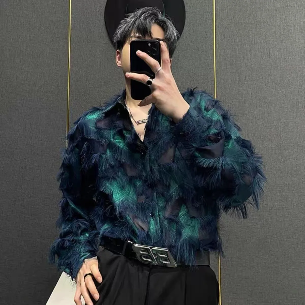 Male Trendy Spring Summer Thin Tassel Shirts Tops Men Fashion Ins Chic Y2K Party Nightclub Senior Long Sleeve Festival Blouse