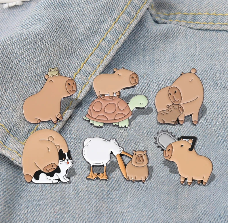 

Cute Capybara Turtle Cat Enamel Pins Custom Animals Living In Harmony Brooches Lapel Badges Animal Jewelry Gift for Kids Friends