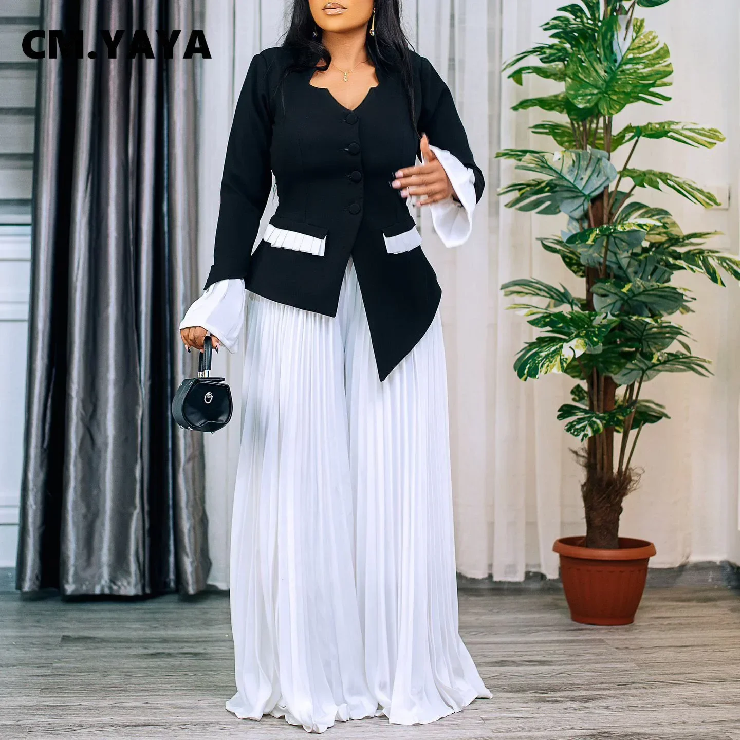 CM.YAYA Women's Set Full Flare Sleeve Button Blazer Shirt + Pleated Long Pants Suit Streetwear Two 2 Piece Set Africa OL Outfits