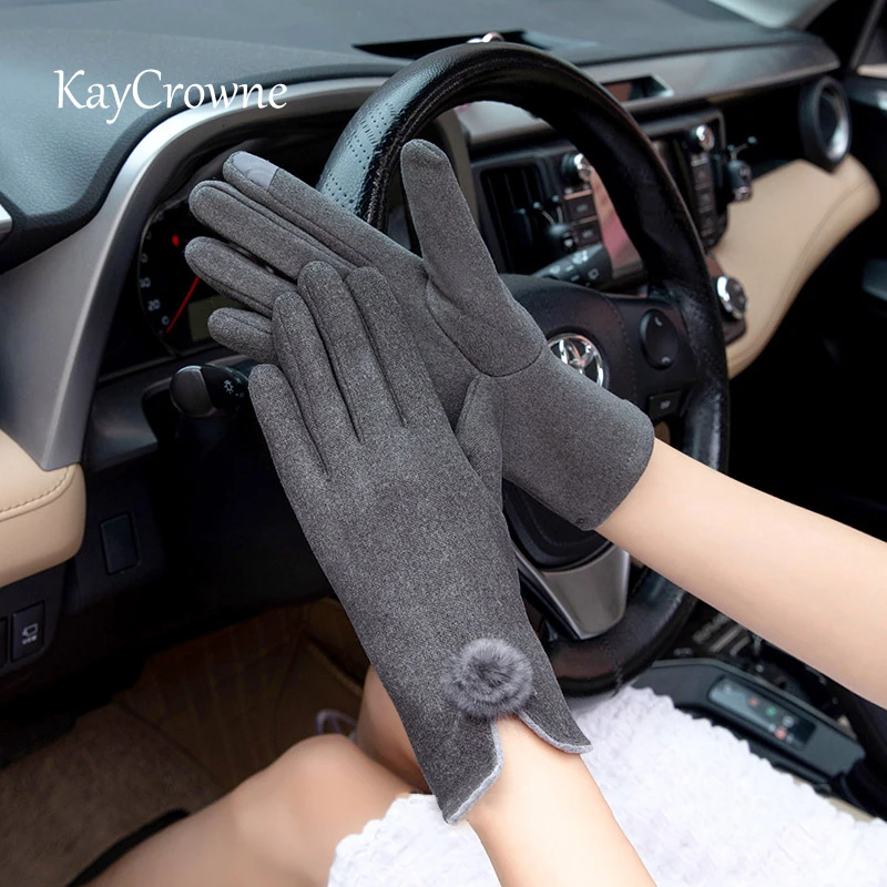 

KayCrowne Fashion Grace Lady Glove Women Winter Elegant Touch Screen Pom Pom Driving Windproof Thick Keep Warm Female Glove G074