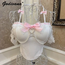 Sweet Princess Pink Bow Pearl Chain Lace Slim-Fit Halter Cropped Top Lady Girls Sexy imbottito Strap Vest Sweet canotta Sling Tops