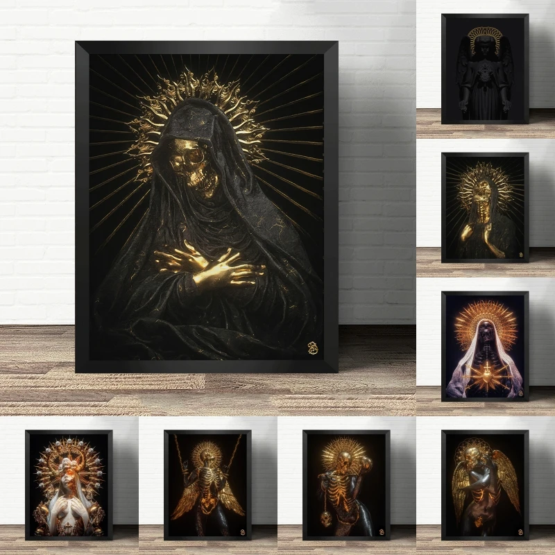 Peinture sur toile de figure d'ange de crâne d'or noir, affiches gothiques foncées, art de mur de gestion, coutume pour le salon, décor à la maison