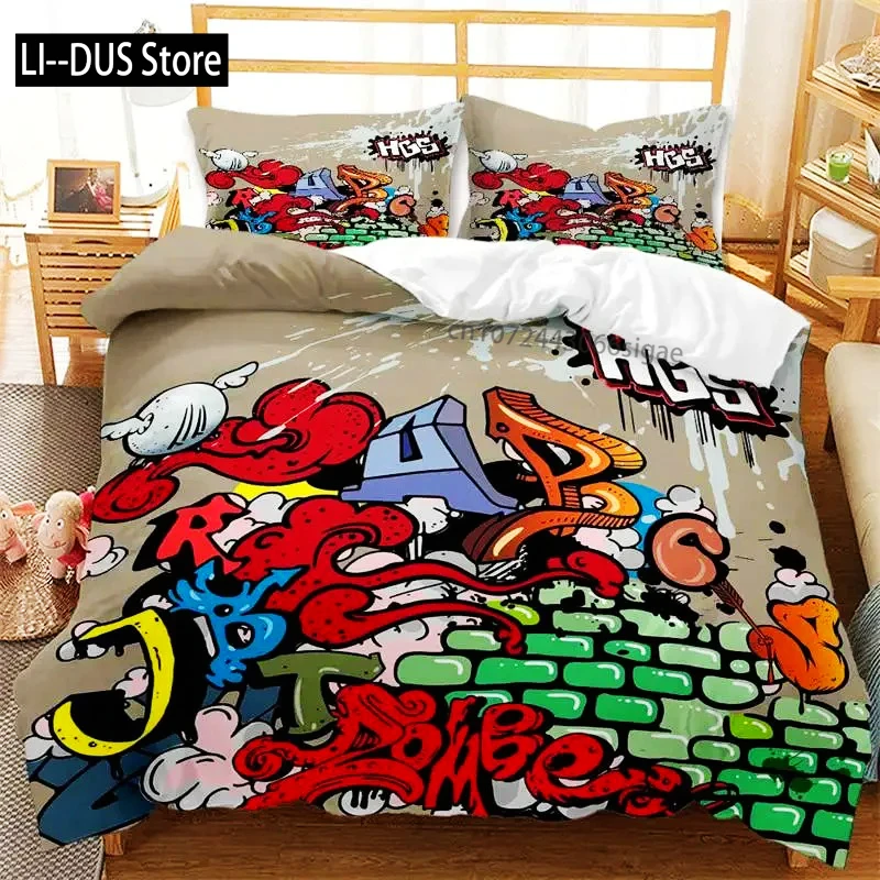 Graffiti Duvet Cover Hip Hop Street Culture Print Bedding Set Microfiber Colorful Overlapping Blocky Letters Art Comforter Cover