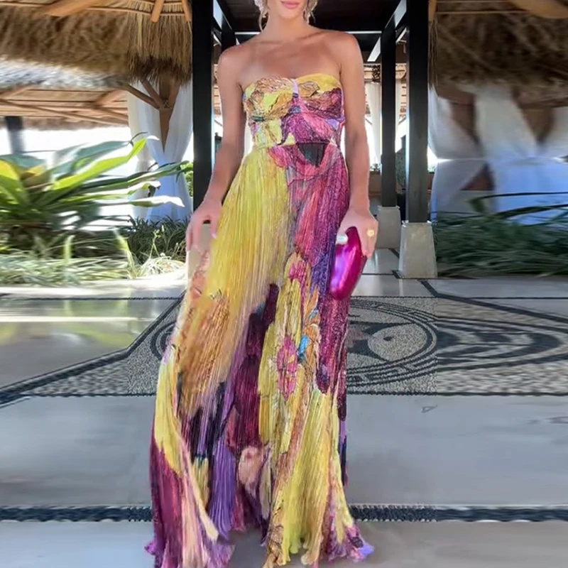 

Fashion Strapless Graffiti Print Evening Dress Sexy Sleeveless Off Shoulder High Waist Suspender Dress Lady Elegant Draped Dress