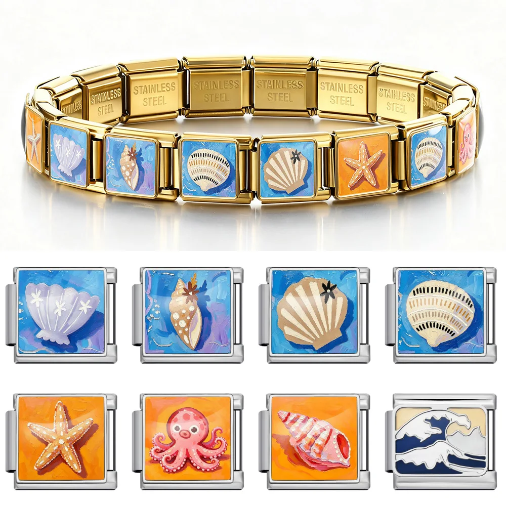 1PC Summer Sea Original Design Starfish Seashell Octopus Fit 9mm Making DIY Italian Charm Link Bracelet Stainless Steel Jewelry