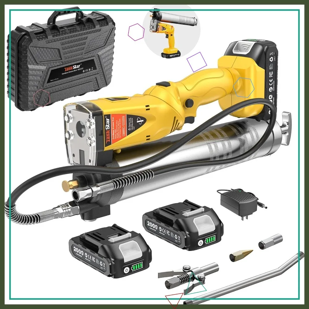 

Cordless Grease Gun Kit, 10000 PSI, Auto Pump, Ergonomic, 2 Batteries, 3 Couplers, 39.4" Hose