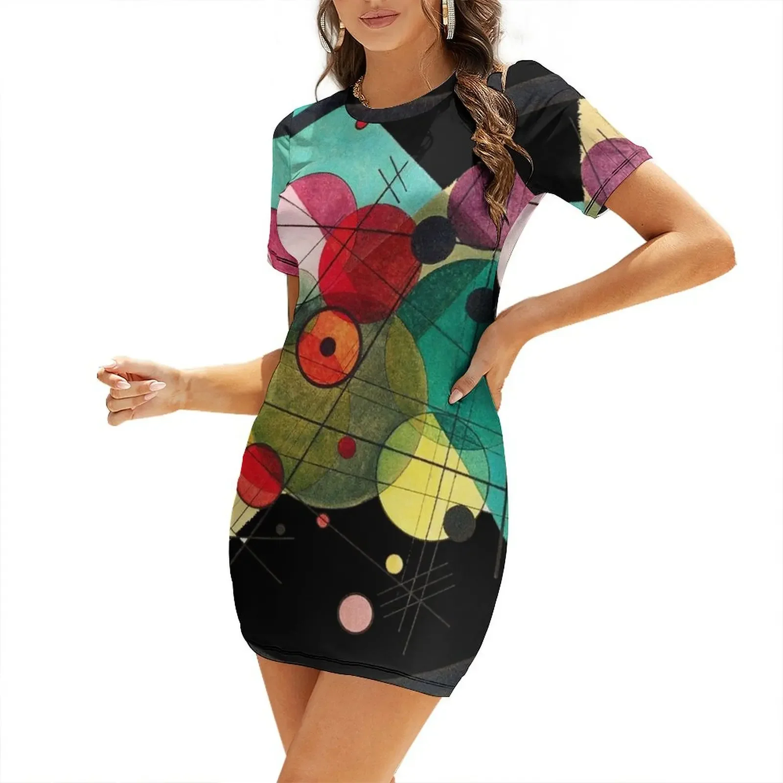 

HD. Circles in a circle, by Wassily Kandinsky Short-Sleeved Dress summer dress korean women summer women's suit Dress
