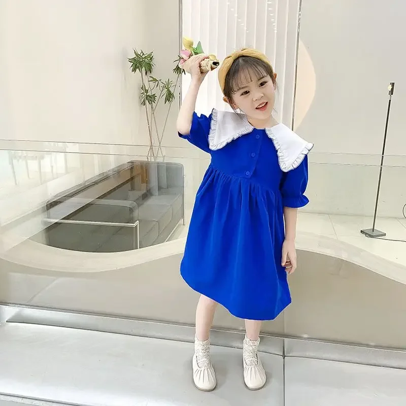 

New in Girls Princess Dress Summer Short-Sleeved Turn-over Collar Dress Sweet Vestidos Children'S Clothing Baby Kids Clothes