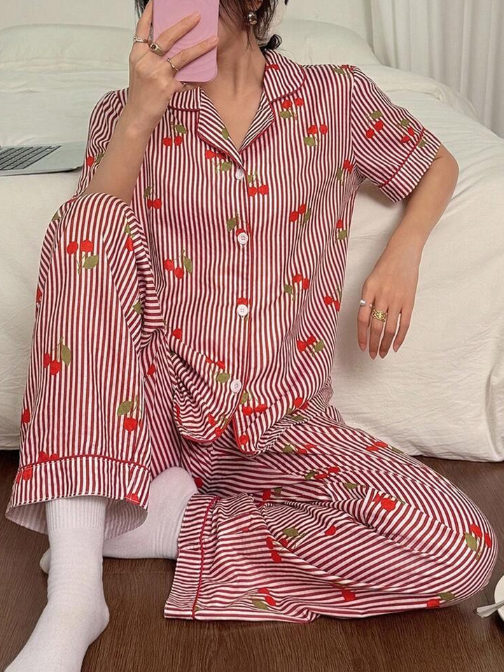  Spring Summer Autumn Winter Women's 2-piece Sweet Striped Cherry Patterned Flowered Shirt Short Sleeve Pants Homewear Sleeping S 