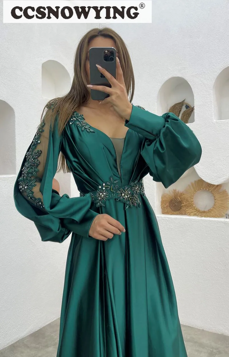 Vestidos De Fiesta De manga larga con cuello en V para mujer, vestido De noche con apliques De satén, vestido Formal De fiesta