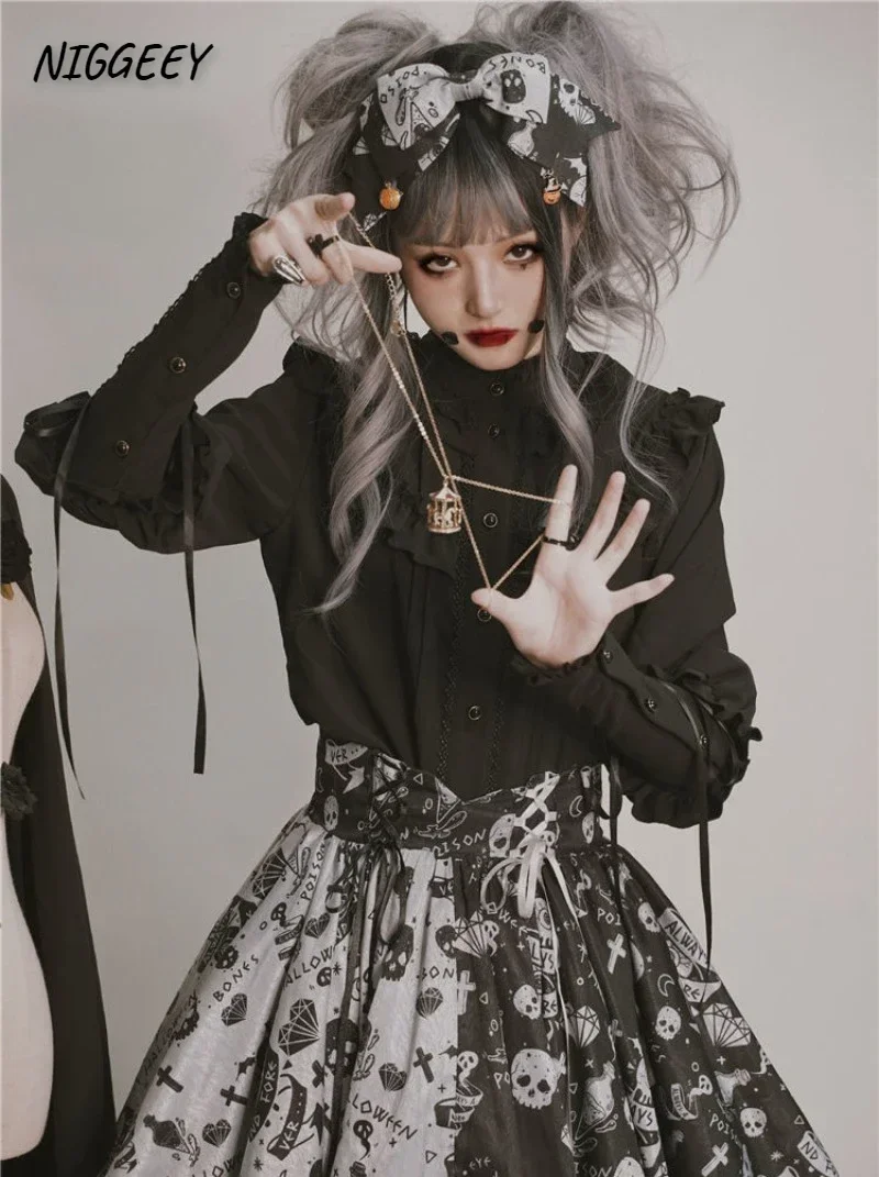 

NIGGEEY Gothic Y2k Shirts Women Vintage Lolita Sleeve Blouses Girls Victorian Sweet Lace Ruffles Bandage Tops Blusas Mujer