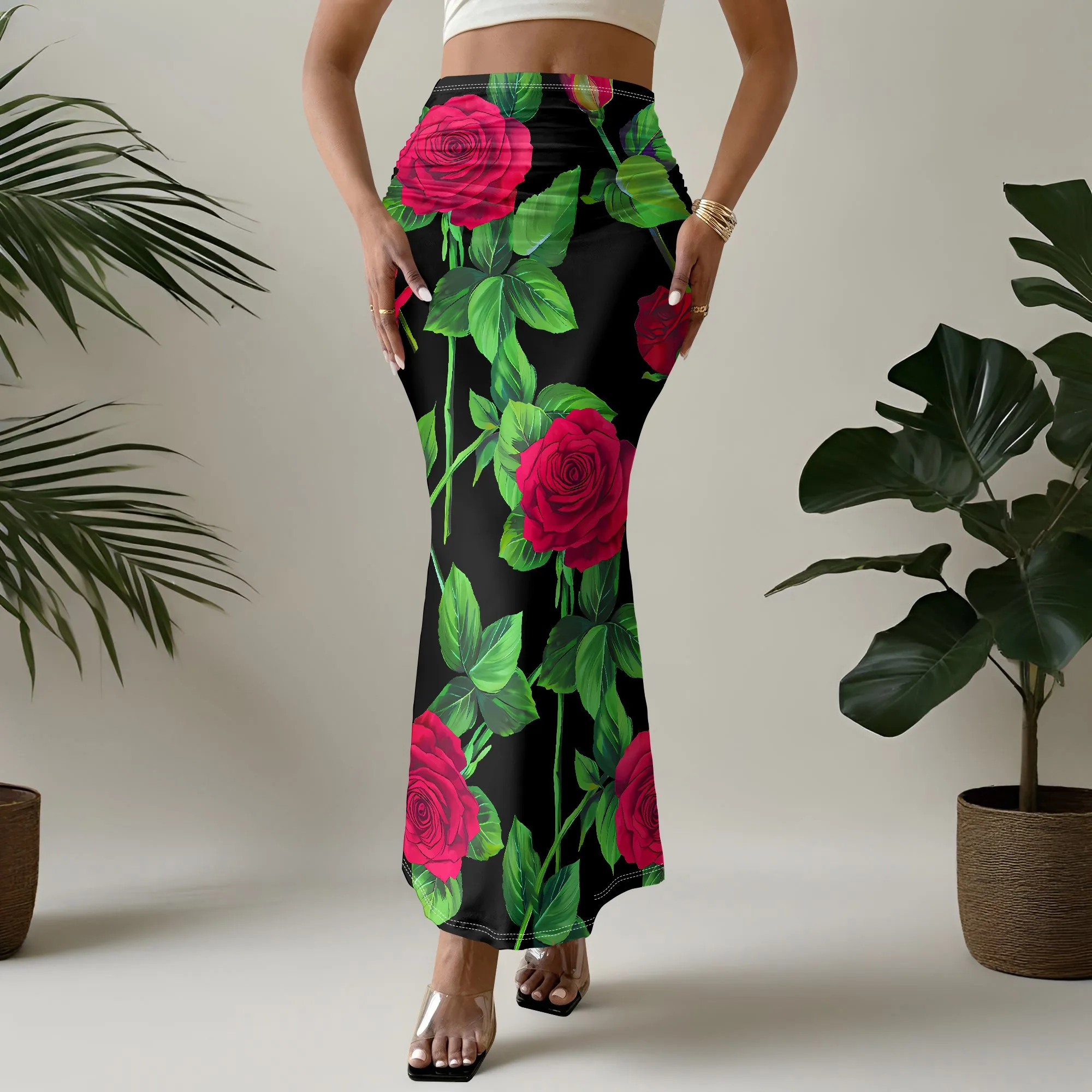 High Waist Rose Print Mermaid Skirt, Floral Bodycon Maxi Skirt, Black Red Green Summer Beach Party Dress Bottoms for Women S-3XL