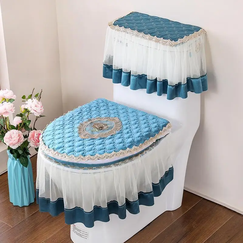 3 Pieces/Set Solid Color Toilet Seat Mat Four Seasons Universal Dust-proof Toilet Cover Home Lace Zippered Toilet Ring Covers