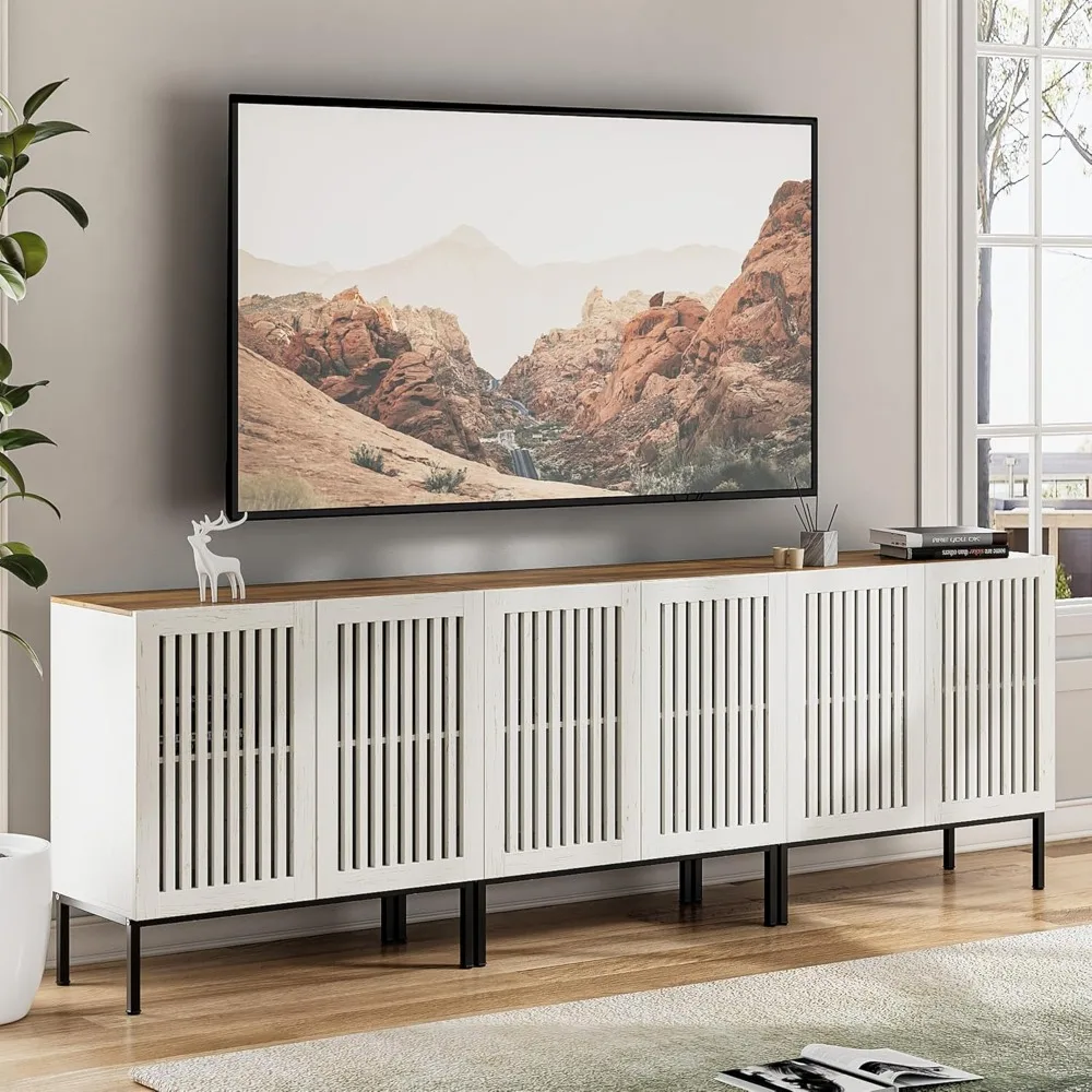 Supporto TV Farmhouse da 95", centro di intrattenimento con base in metallo e ripiani regolabili, console TV 3 in 1 con 6 ante, bianco antico