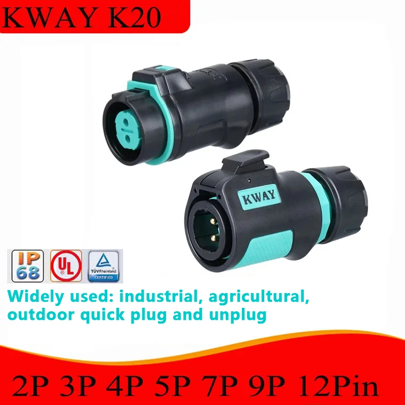 

KWAY K20 Waterproof IP68 Aviation Fixed Movable Male Plug Female Socket 2-3-4 core 5-7-9P 12 Pin Outdoor Power Quick Connector