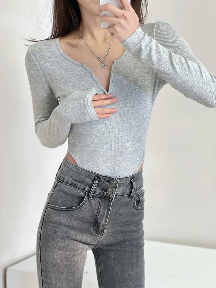 مثير V-Ne طويل Sve قطعة واحدة تي شيرت المرأة الرجعية حمالة ارتداءها k زر لون نقي الشارع Sle سليم صالح ارتداءها #5