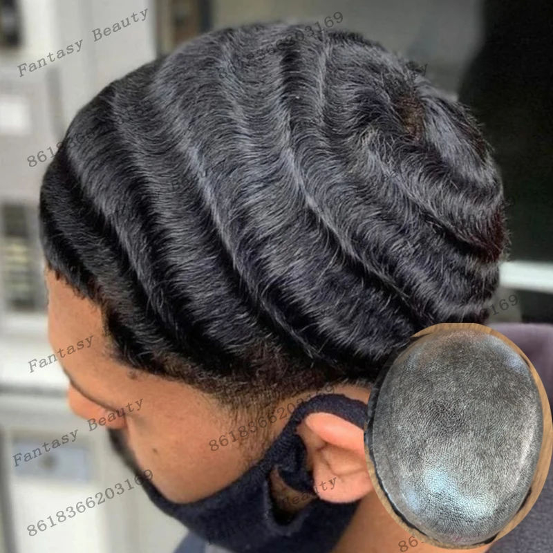 

Jet Black Супер прочная 0,1 мм основа из искусственной кожи Мужской парик из 100% человеческих волос 15 мм Глубокая волна Черные мужские шиньоны Натуральная линия волос Парик