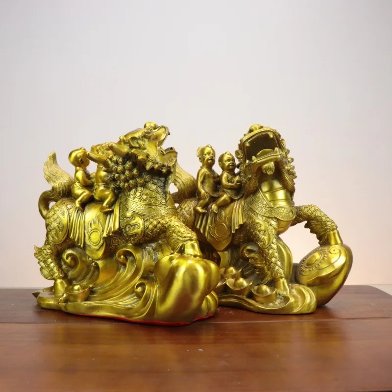 Brass Qilin figurine, depicting a golden child a jade maiden, symbolizing fertility and the blessing of children
