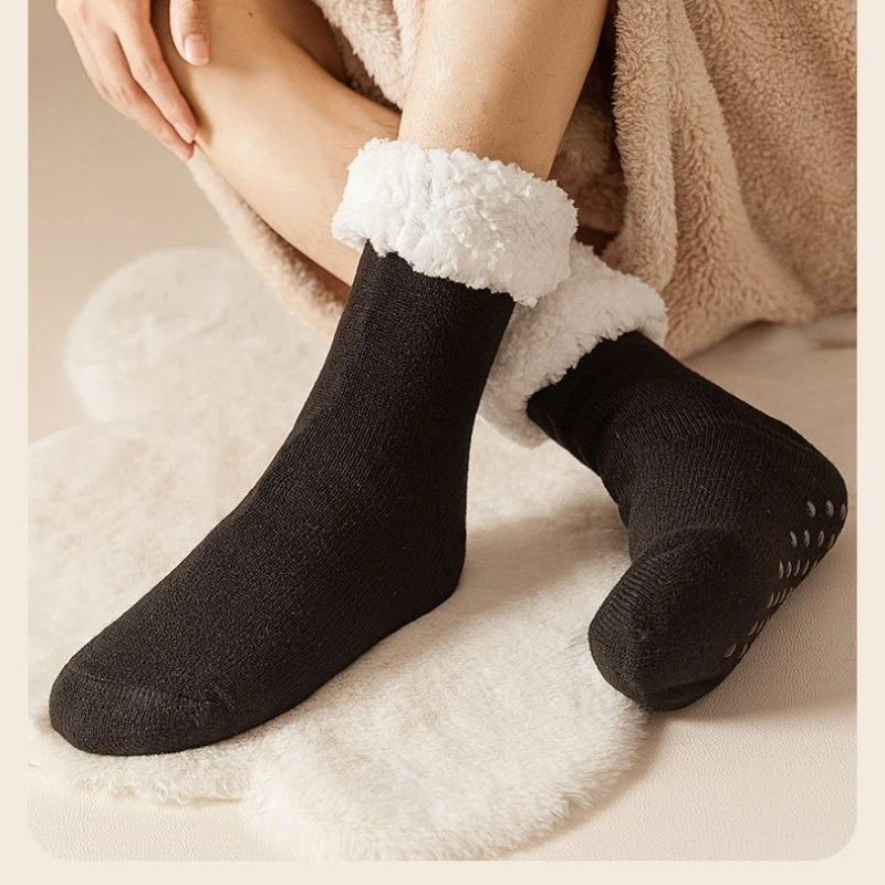 جوارب رجالية بلون سادة مع صوف سميك، مقاومة للبرد، دافئة، لاصقة، مضادة للانزلاق، جوارب متوسطة الأنبوب