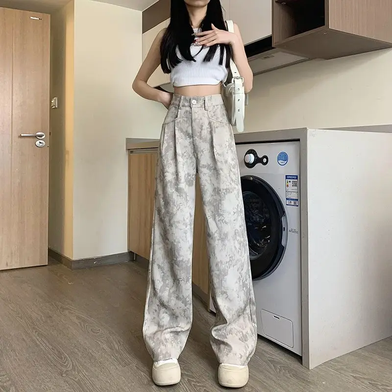 Off White High Waisted Printed Wide Leg Pants For Women's Summer 2024 New Loose Hanging Tie Dye Casual Pants