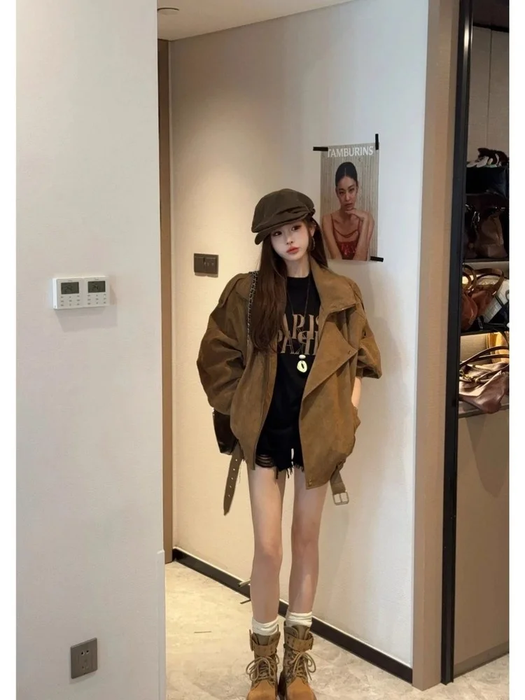 Jaqueta Retrô Feminina de Trabalho, Colete Estilo Biker Solto e Moderno para Outono/Inverno, Casaco Curto Abotoado Casual que Modela a Silhueta