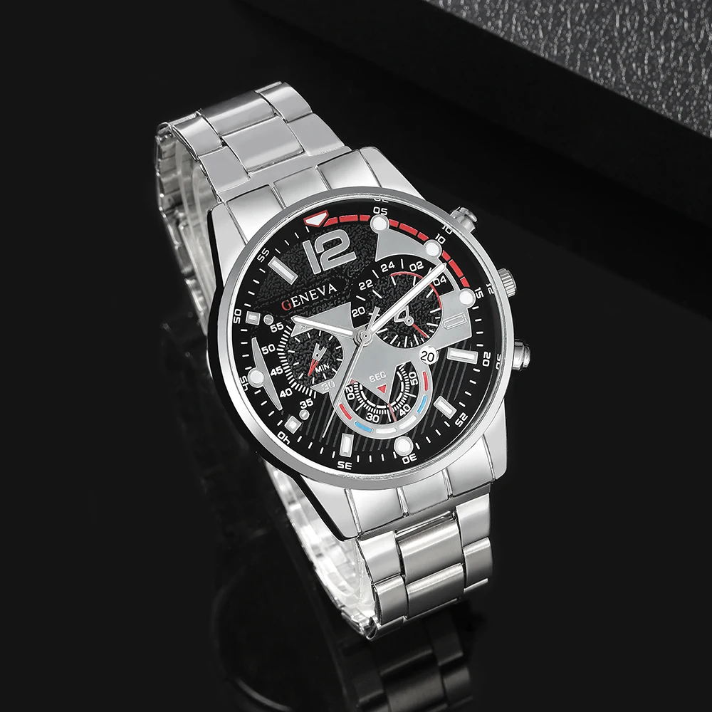 3pcs/set, Mens Calendar Stainless Steel Quartz Watch & Necklace & Bracelet Set, Ideal Choice for Gifts
