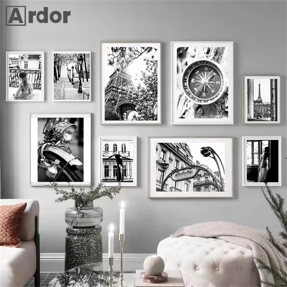 

Black And White Compass Paris Tower Poster Fashion Woman Prints Canvas Painting Modern Wall Art Picture Living Room Decoration