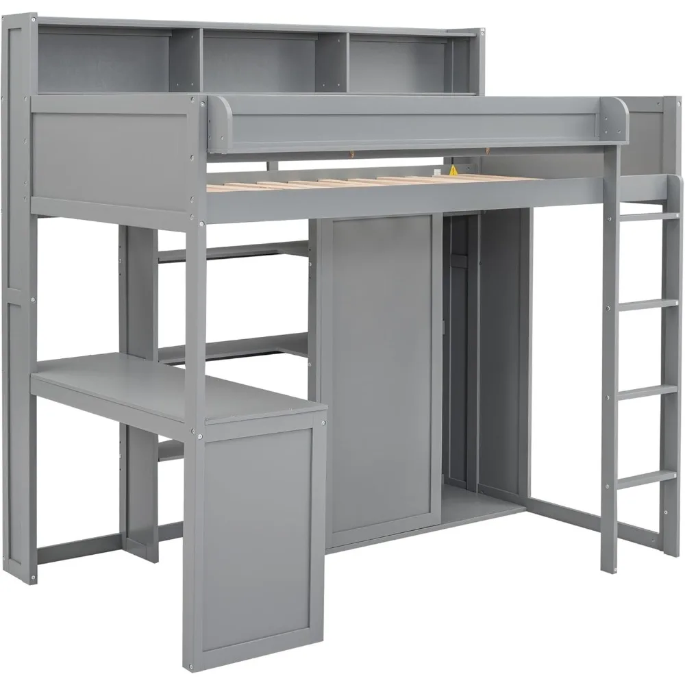 سرير علوي مزدوج الحجم من الخشب الصلب مع خزانة تخزين مكتبية وأرفف، إطار سرير علوي لخزانة الكتب الوظيفية لغرفة الأطفال #4