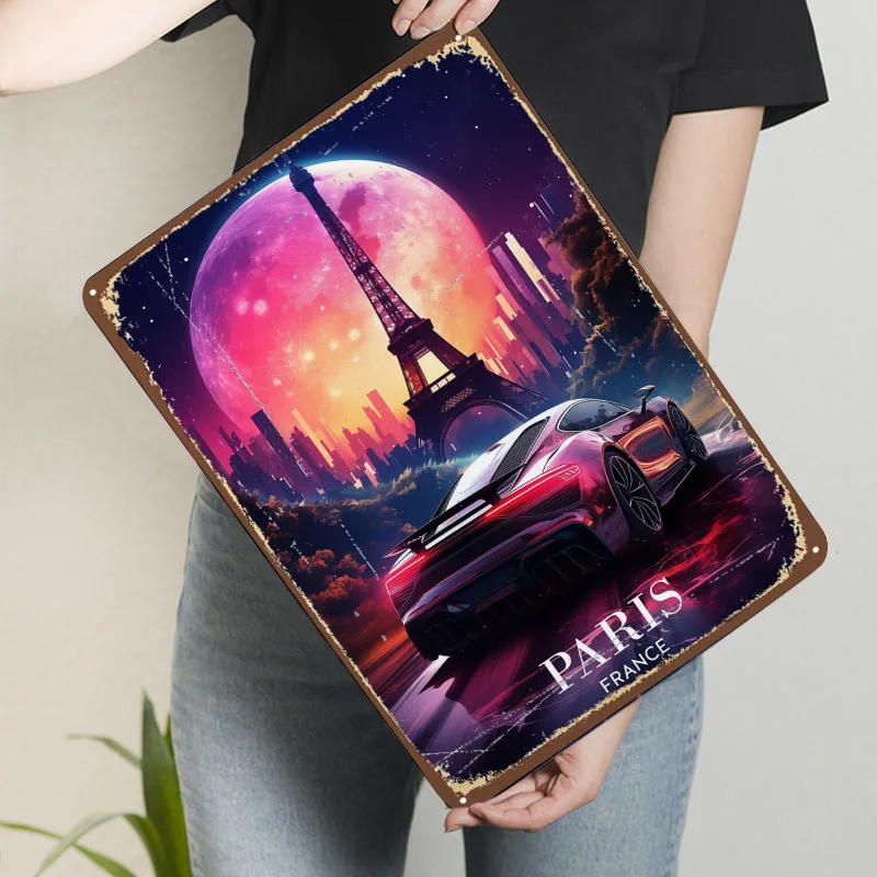 الرجعية النيون سيارة في باريس صفيح علامات النيون سيارة ملصق الملصقات على جدار الفن جدارية علامة معدنية مخصصة للجدار الفن الديكور