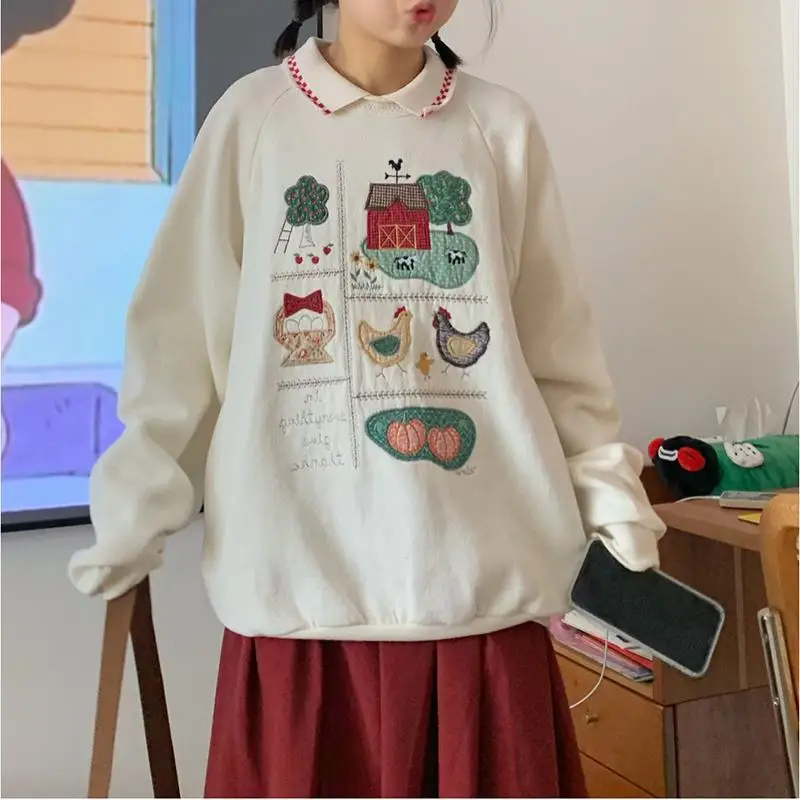 Graphic Hoodies Casual Loose Pullover Autumn Clothes Women Korean-style All-match Street Wear Trendy Embroidery Loose Daily Cozy