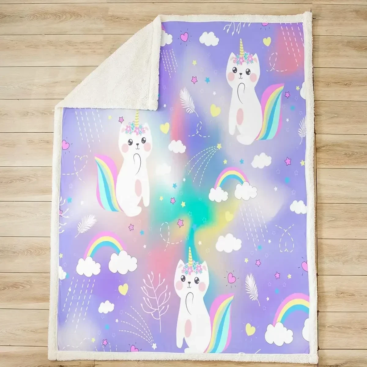 

3d Kitten Unicorn Print Baby Blanket Kawaii Cat Unicorn Babes Carpet for Couch Sofa Rainbow Clouds Stars Children Bed Blankets