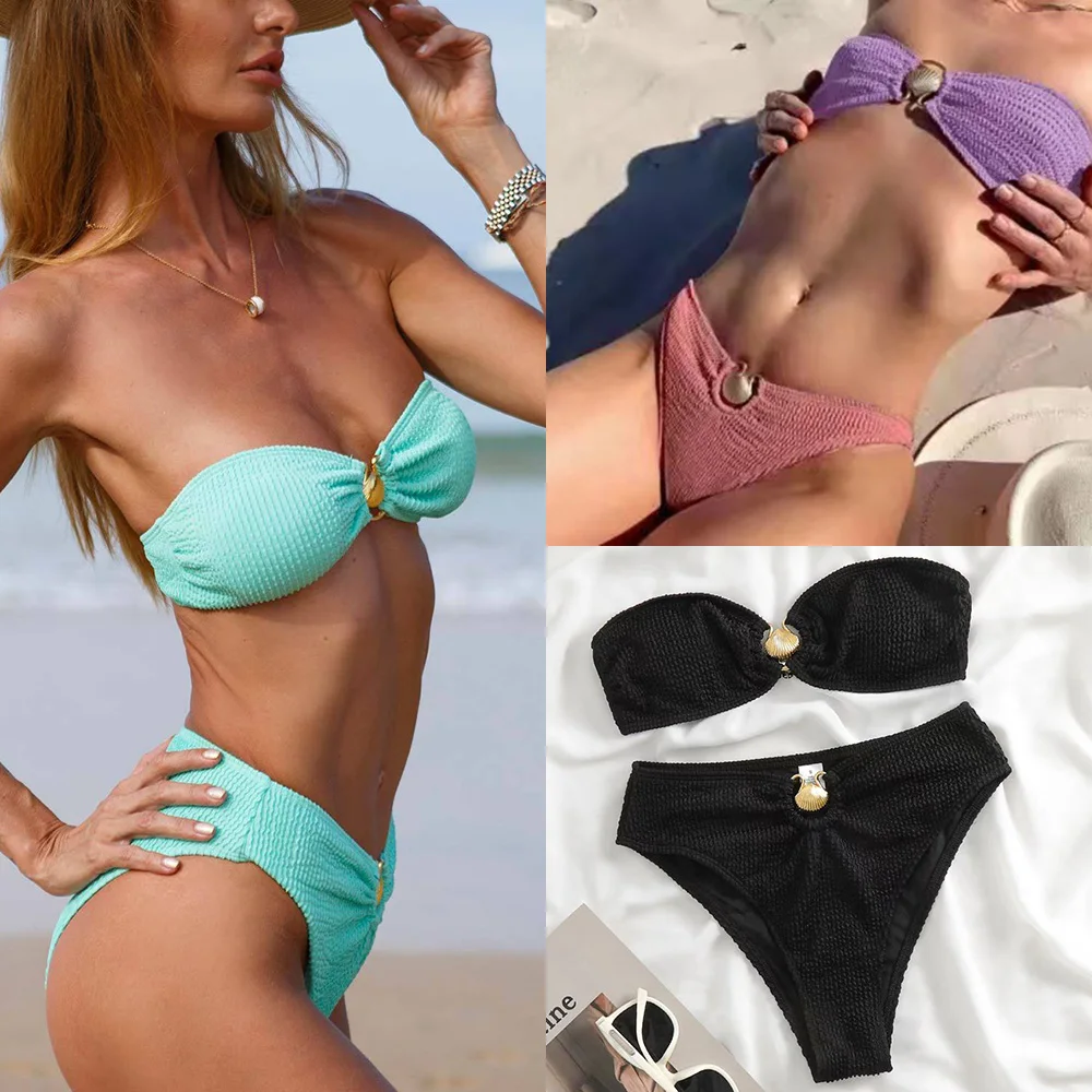 

Женский купальник-бандо с завышенной талией, комплект бикини, привлекательные бикини 2024, пляжная одежда, черный, зеленый купальник XL
