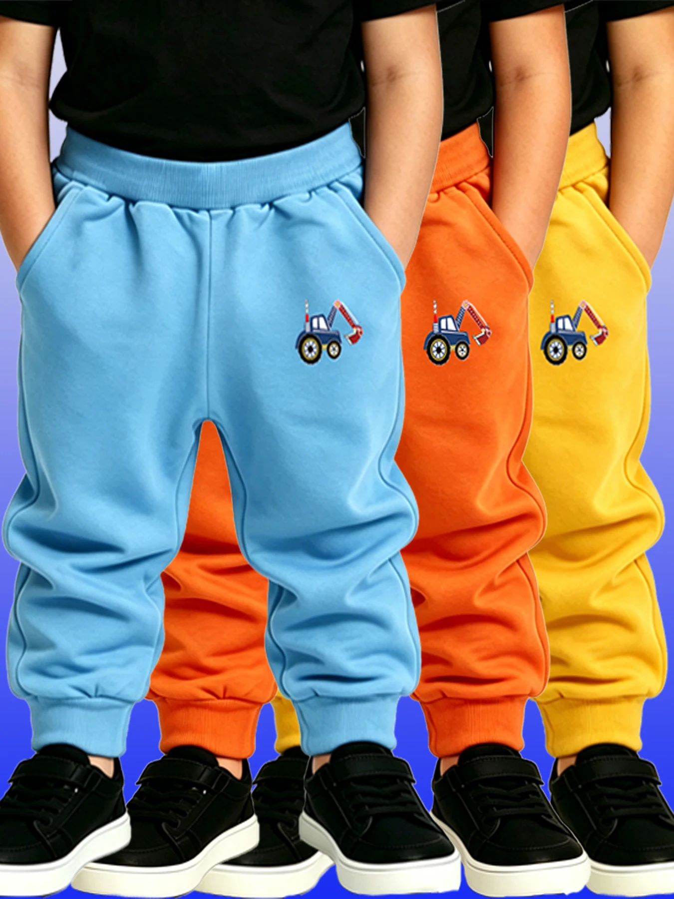 Four Seasons Boys Girls Jogger Pants Excavator Pattern Trousers Sky Blue Yellow Orange 3PCS Set Kids Casual Children's Sweatpant