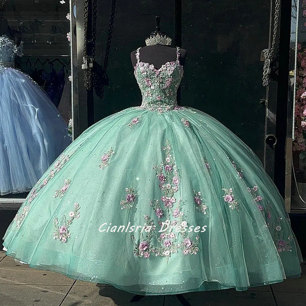 Cinturino per Spaghetti verde menta fiori 3D abiti Quinceanera abito da ballo Appliques floreali corsetto di cristallo di pizzo Vestidos De XV Anos