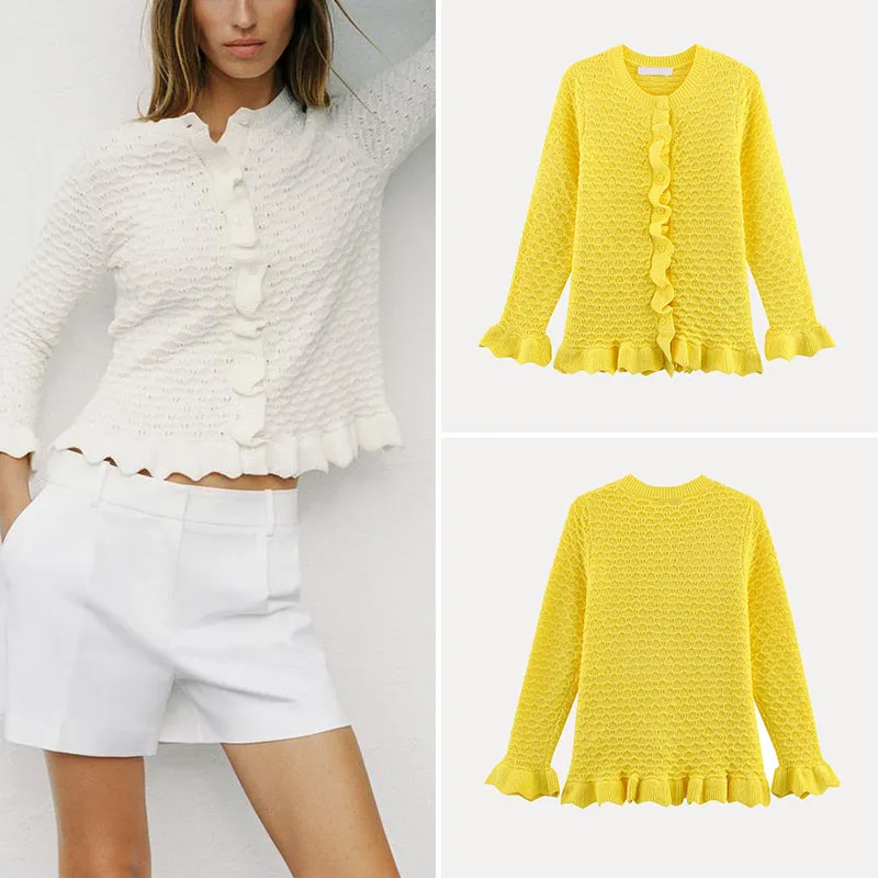 

Spring 2025 Women's Knitted Long Sve round Ne Layered Decoration Outerwear Sweet Sle Polyester Fiber Color Cardigan