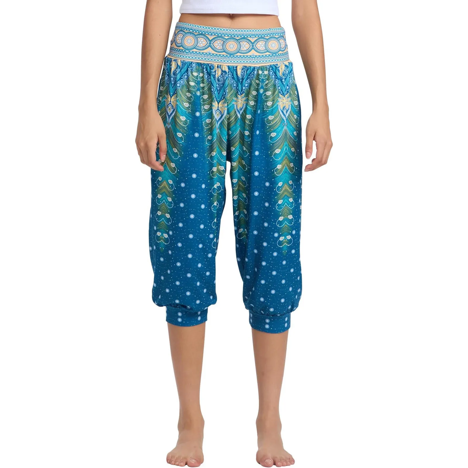 Women's Summer Loose Capri Pants Retro Printed Casual Sports Pants Yoga Pants Loose Breathable Jogging Pants with Pockets