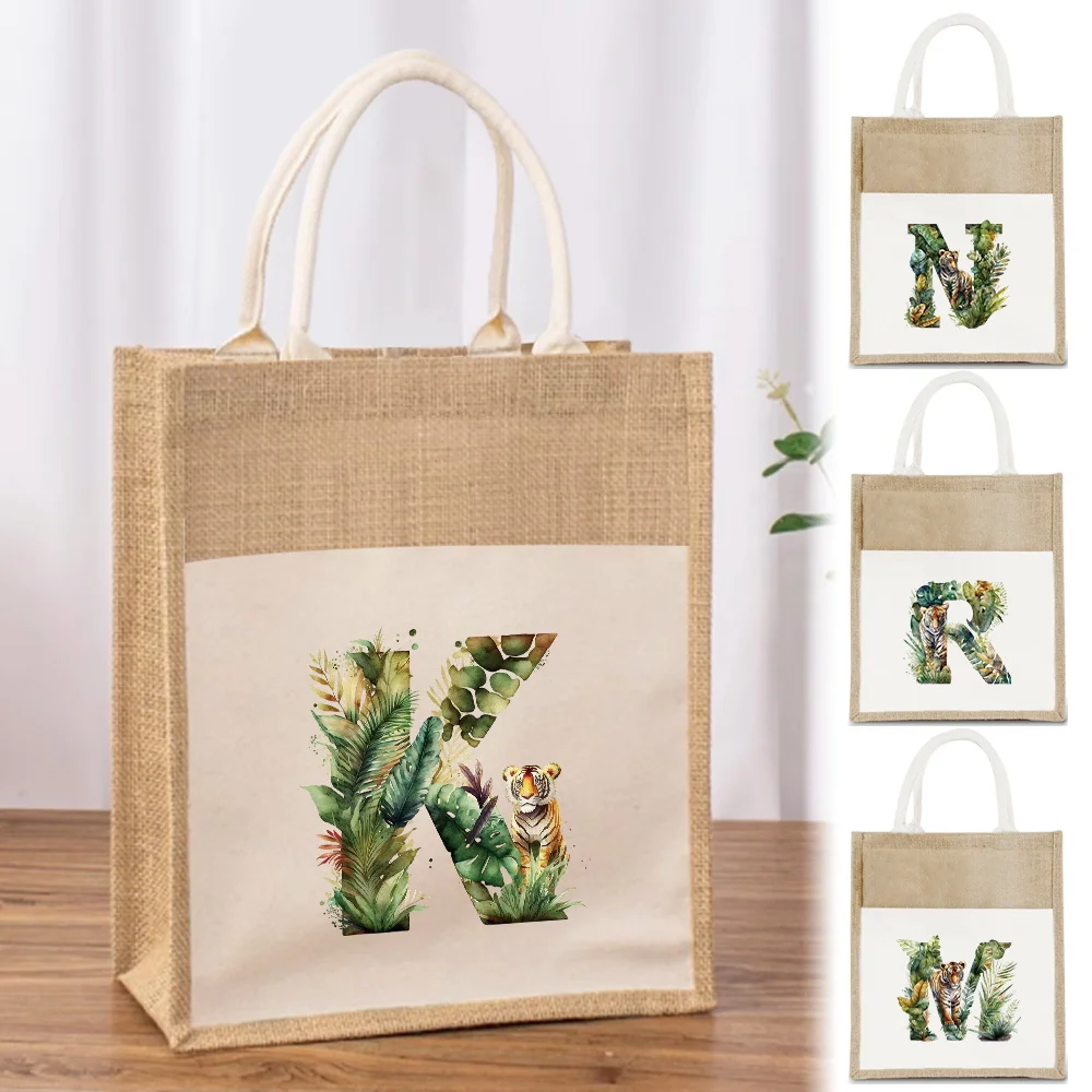 Outdoor Travel Linen Shoulder Bag Yellow Linen Imitation Hemp Pack Women's Shopping Bags Jungle Tiger Letter Pattern