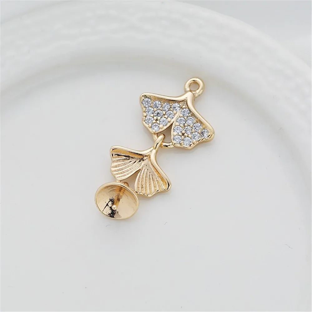 14K Bag Golden apricot Leaf Inlaid Zircon with Needle Holder, Paste Pendant, DIY Bracelet Necklace, Ear Pendant