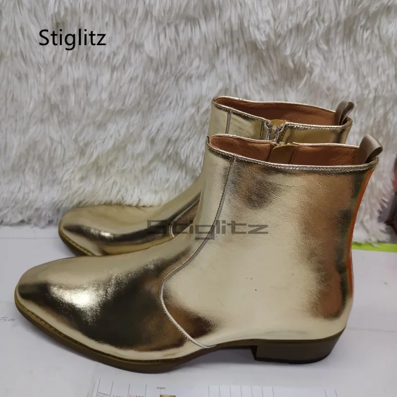 

Мужские ботинки из натуральной кожи золотого цвета, ботильоны «Челси» на массивном каблуке, кожаные лоскутные туфли на молнии с острым носком, вечерние, свадебные, мужские туфли