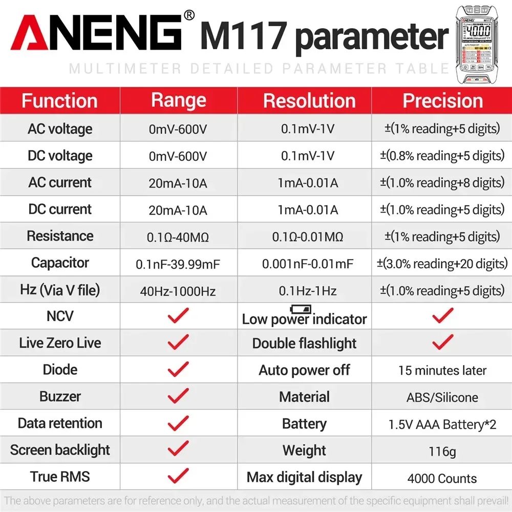 ANENG M117 Multimeter Smart Digital 4000-Count AC/DC Current Voltage Multimetro Professional Multifunction Tester Meter Tools