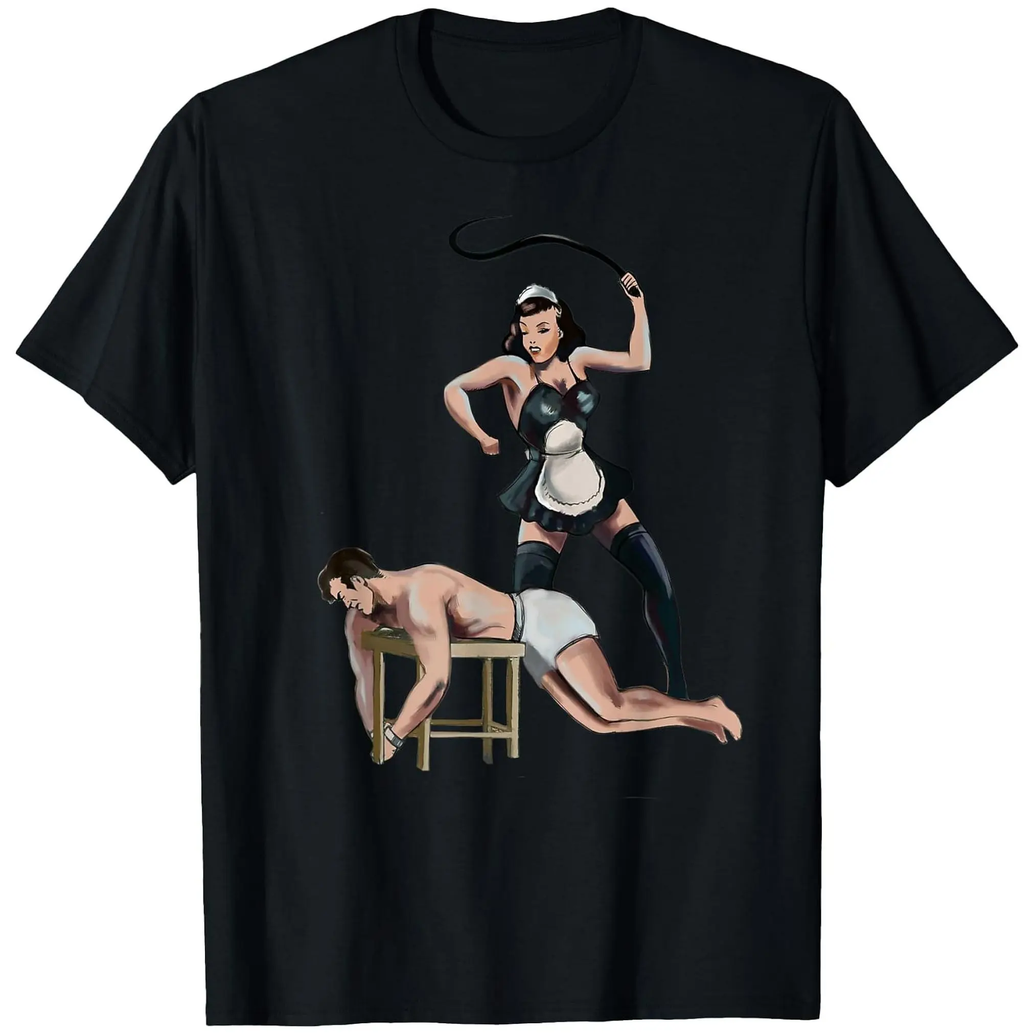 French maid costume T-shirt Whip and restraint role-playing design, black pure cotton T-shirt, unique pattern print