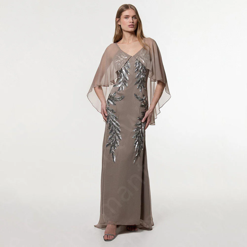 

Customized Classic Taupe Evening Dresses with Cape Prom Party Gowns V Neckline Wedding Guest Dresses Feathers Floor Length