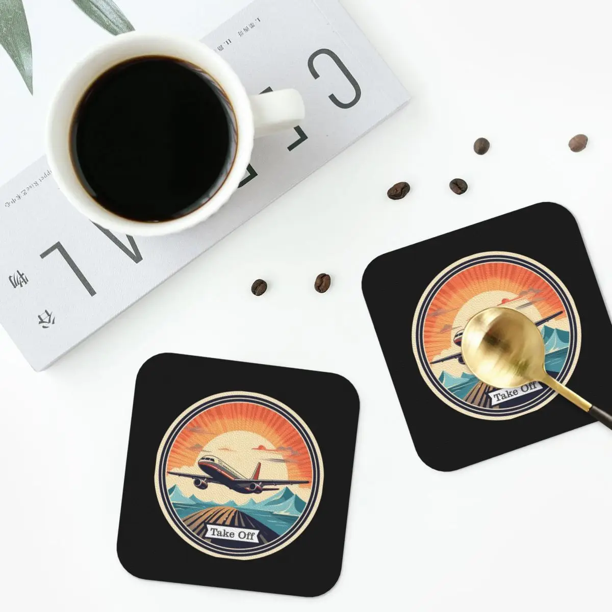 Vintage Airplane Taking Off Coasters PVC Leather Placemats Waterproof Coffee Mats for Home Kitchen Dining Pads Set of 6