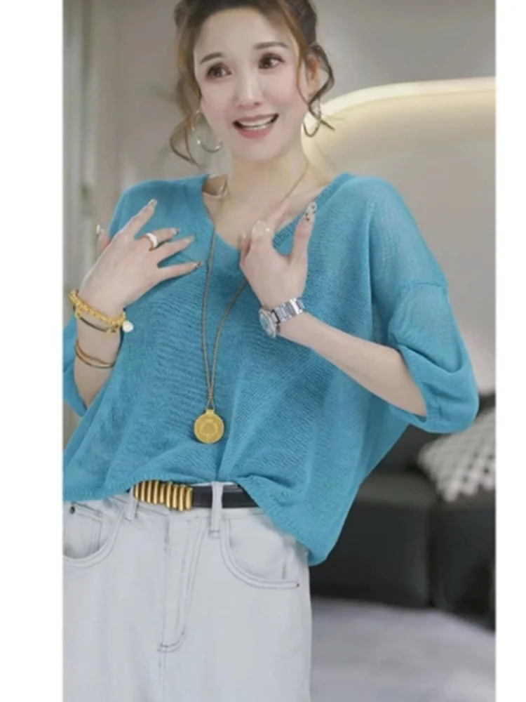 

Korean Sle Lazy Pure Color Commute Knitted Sweater Women's Spring New Top Trendy Small irt Loose Fit Long Sve V-Ne