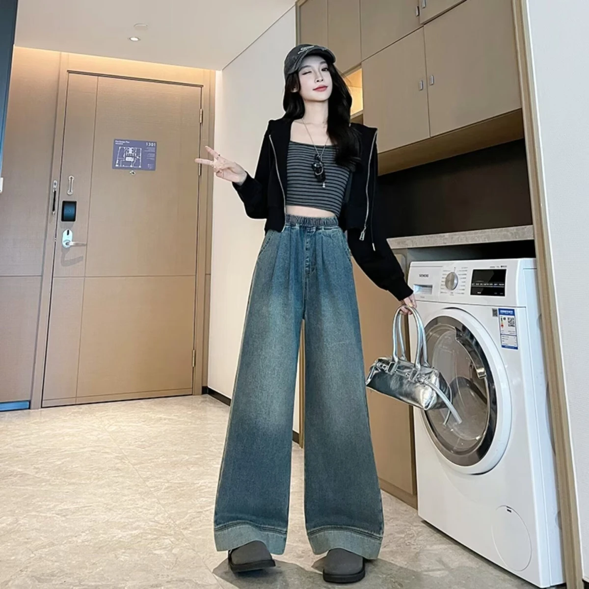 

Джинсы женские с высокой талией, широкие, синие, летние, прямые, стройнящие, свободные, в пол, для полных женщин